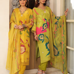 Yellow Floral Printed Crape Suti Set with Dupatta