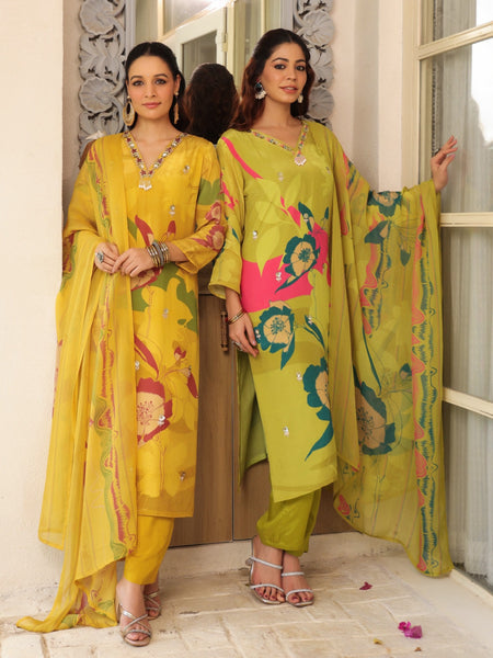 Yellow Floral Printed Crape Suti Set with Dupatta