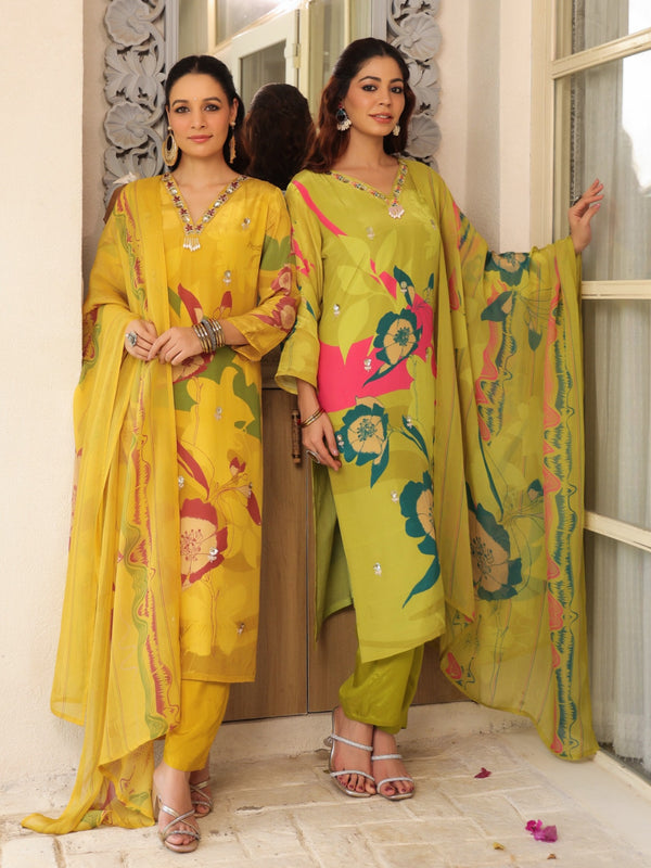 Yellow Floral Printed Crape Suti Set with Dupatta