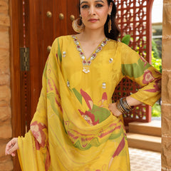 Yellow Floral Printed Crape Suti Set with Dupatta