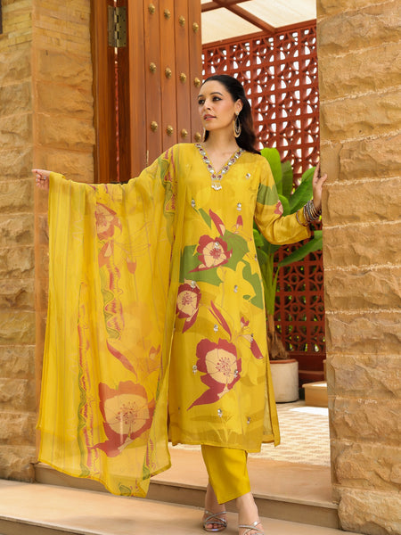 Yellow Floral Printed Crape Suti Set with Dupatta