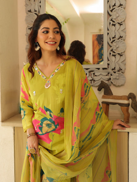 Pista Green Floral Printed Crape Suti Set with Dupatta