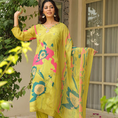 Pista Green Floral Printed Crape Suti Set with Dupatta