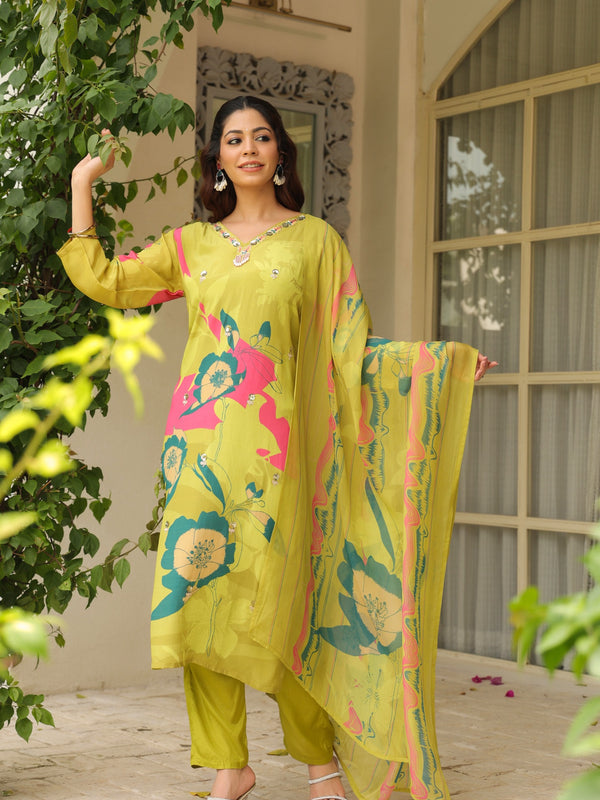Pista Green Floral Printed Crape Suti Set with Dupatta