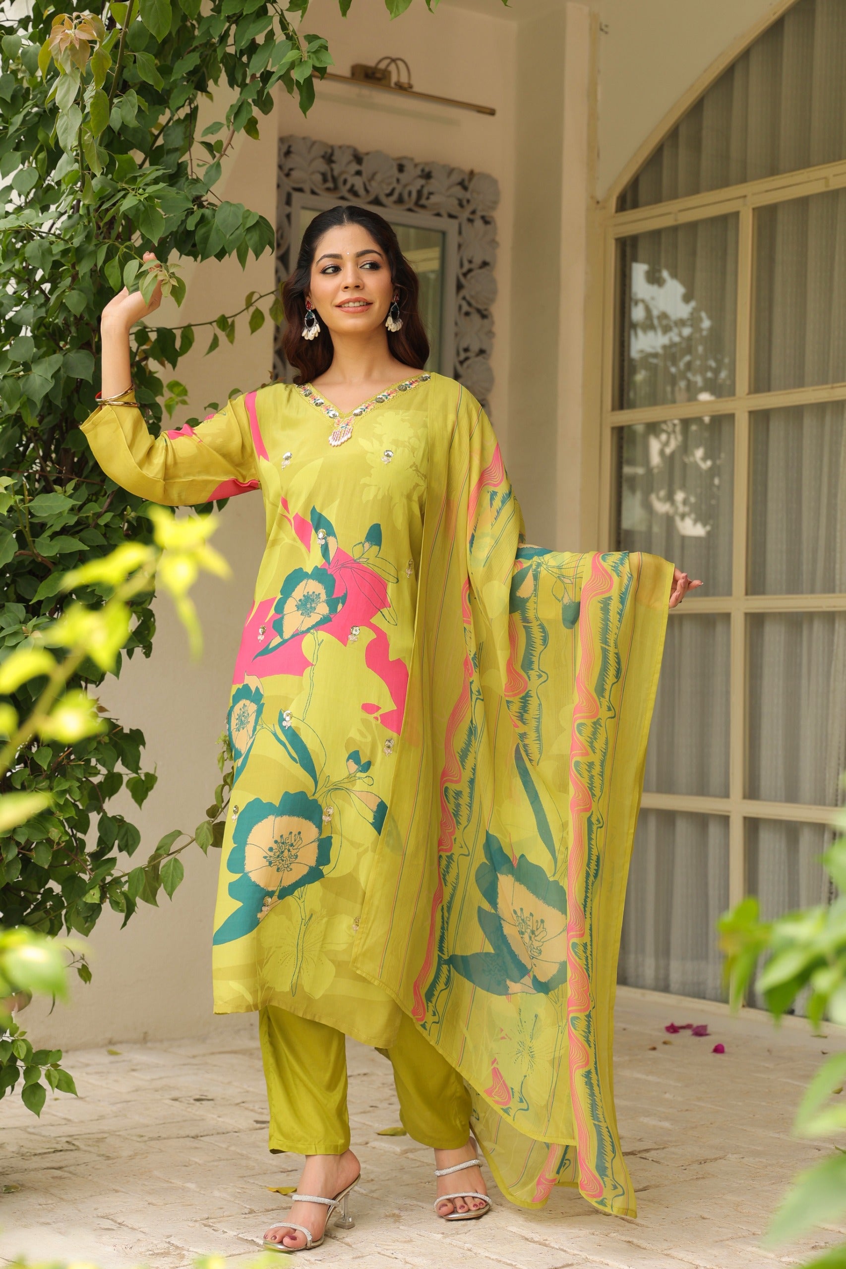 Pista Green Floral Printed Crape Suti Set with Dupatta