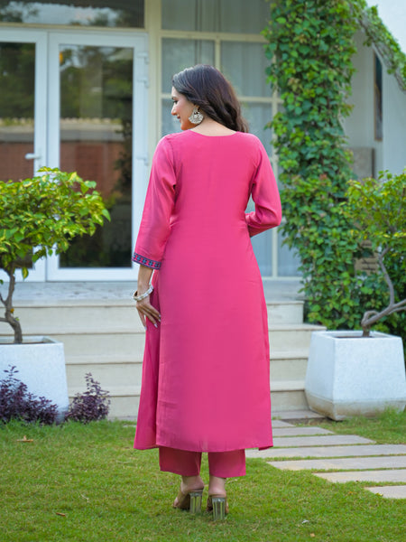 Pink Embroidered Mal Chandri Anarkali Suit Set with Dupatta