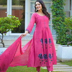 Pink Embroidered Mal Chandri Anarkali Suit Set with Dupatta