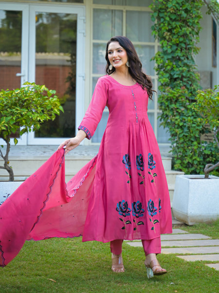 Pink Embroidered Mal Chandri Anarkali Suit Set with Dupatta