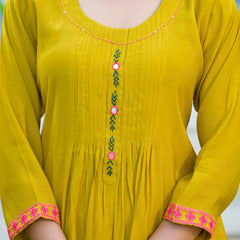 Yellow Embroidered Mal Chandri Anarkali Suti Set with Cotton Dupatta
