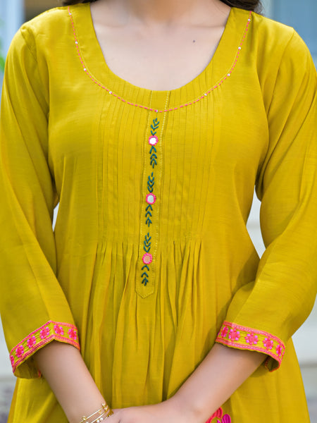Yellow Embroidered Mal Chandri Anarkali Suti Set with Cotton Dupatta