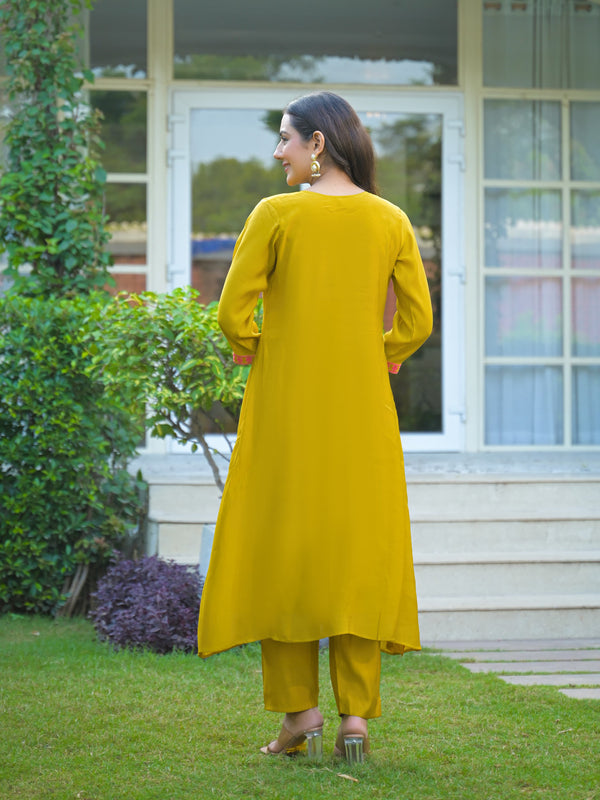 Yellow Embroidered Mal Chandri Anarkali Suti Set with Cotton Dupatta