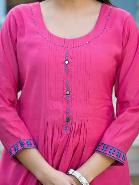 Pink Embroidered Mal Chandri Anarkali Suit Set with Dupatta