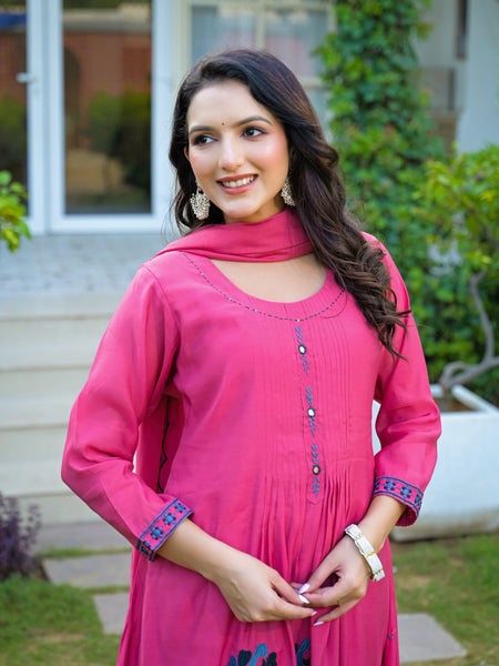 Pink Embroidered Mal Chandri Anarkali Suit Set with Dupatta