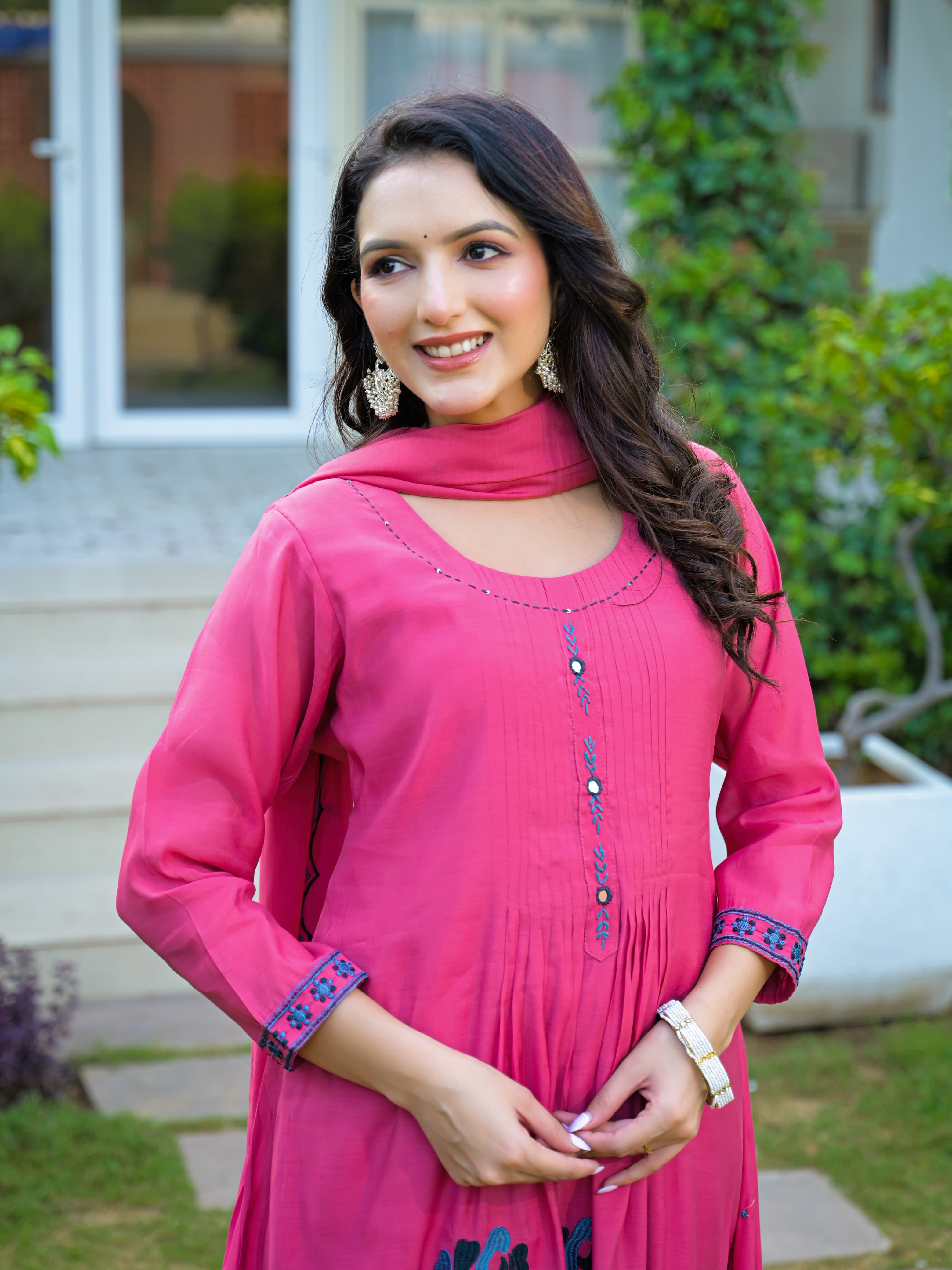 Pink Embroidered Mal Chandri Anarkali Suit Set with Dupatta