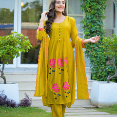 Yellow Embroidered Mal Chandri Anarkali Suti Set with Cotton Dupatta