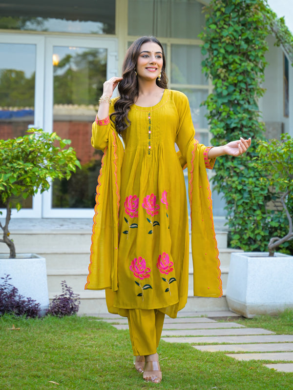 Yellow Embroidered Mal Chandri Anarkali Suti Set with Cotton Dupatta