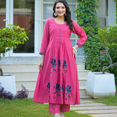 Pink Embroidered Mal Chandri Anarkali Suit Set with Dupatta