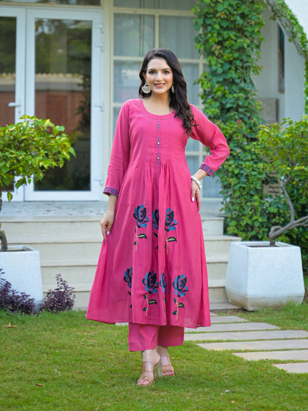 Pink Embroidered Mal Chandri Anarkali Suit Set with Dupatta