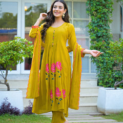 Yellow Embroidered Mal Chandri Anarkali Suti Set with Cotton Dupatta
