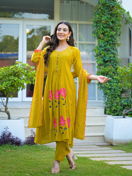Yellow Embroidered Mal Chandri Anarkali Suti Set with Cotton Dupatta