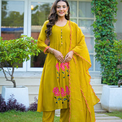 Yellow Embroidered Mal Chandri Anarkali Suti Set with Cotton Dupatta