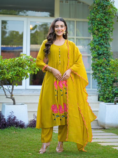 Yellow Embroidered Mal Chandri Anarkali Suti Set with Cotton Dupatta