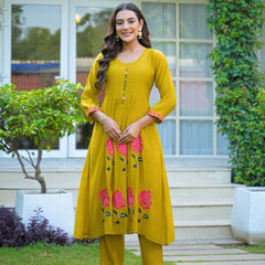 Yellow Embroidered Mal Chandri Anarkali Suti Set with Cotton Dupatta