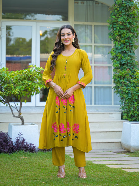 Yellow Embroidered Mal Chandri Anarkali Suti Set with Cotton Dupatta