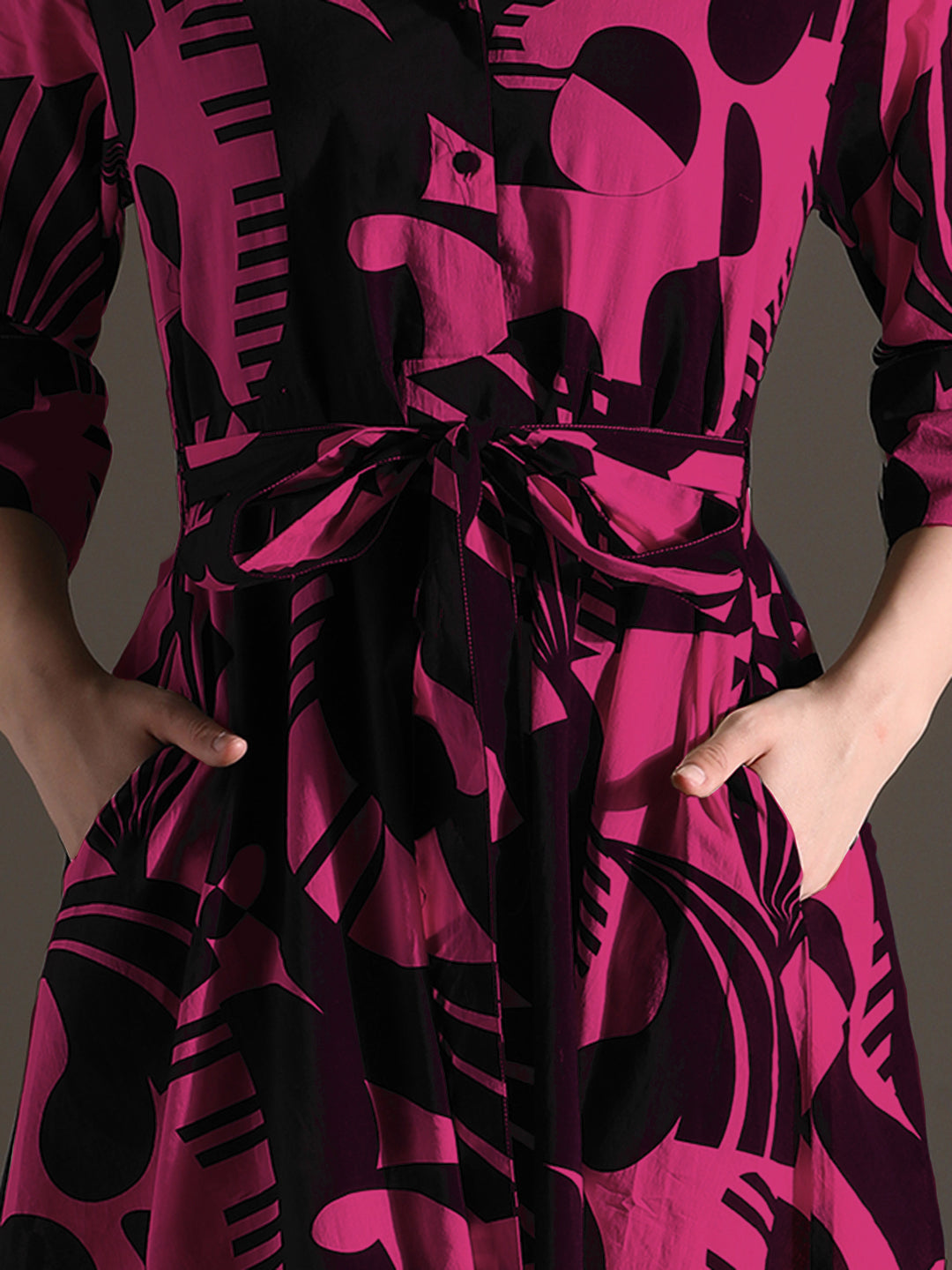 Black & Pink Abstract Print Rayon Midi Dress with Belt