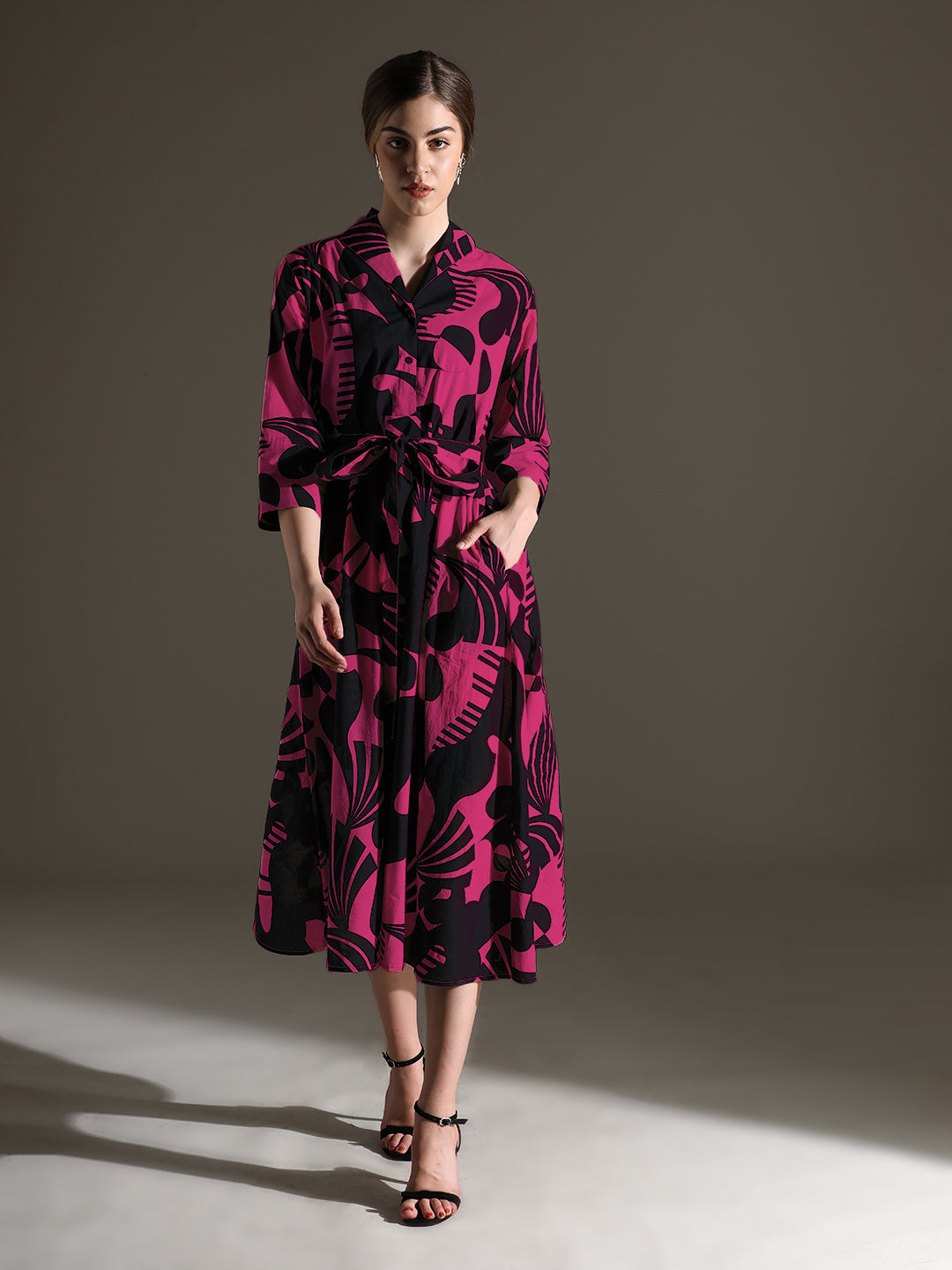 Black & Pink Abstract Print Rayon Midi Dress with Belt