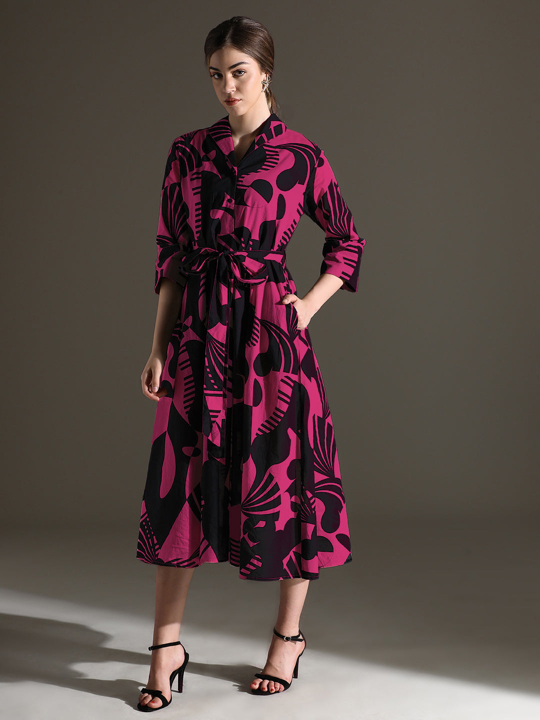 Black & Pink Abstract Print Rayon Midi Dress with Belt