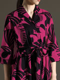 Black & Pink Abstract Print Rayon Midi Dress with Belt