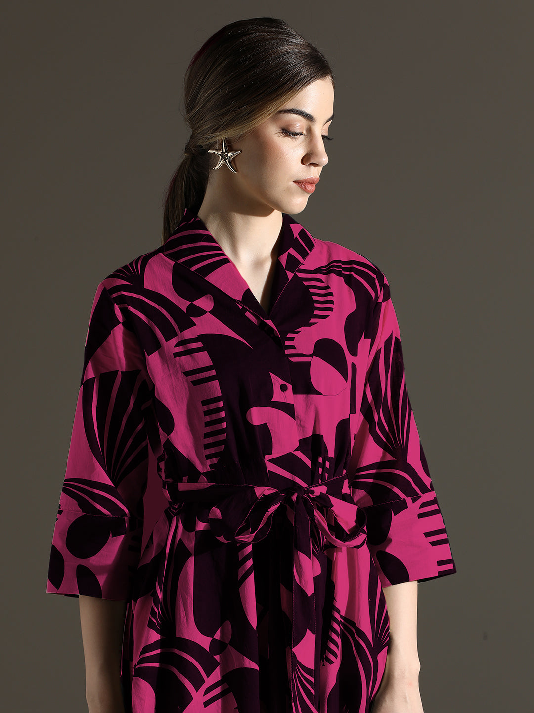 Black & Pink Abstract Print Rayon Midi Dress with Belt