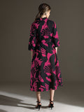 Black & Pink Abstract Print Rayon Midi Dress with Belt