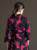 Black & Pink Abstract Print Rayon Midi Dress with Belt