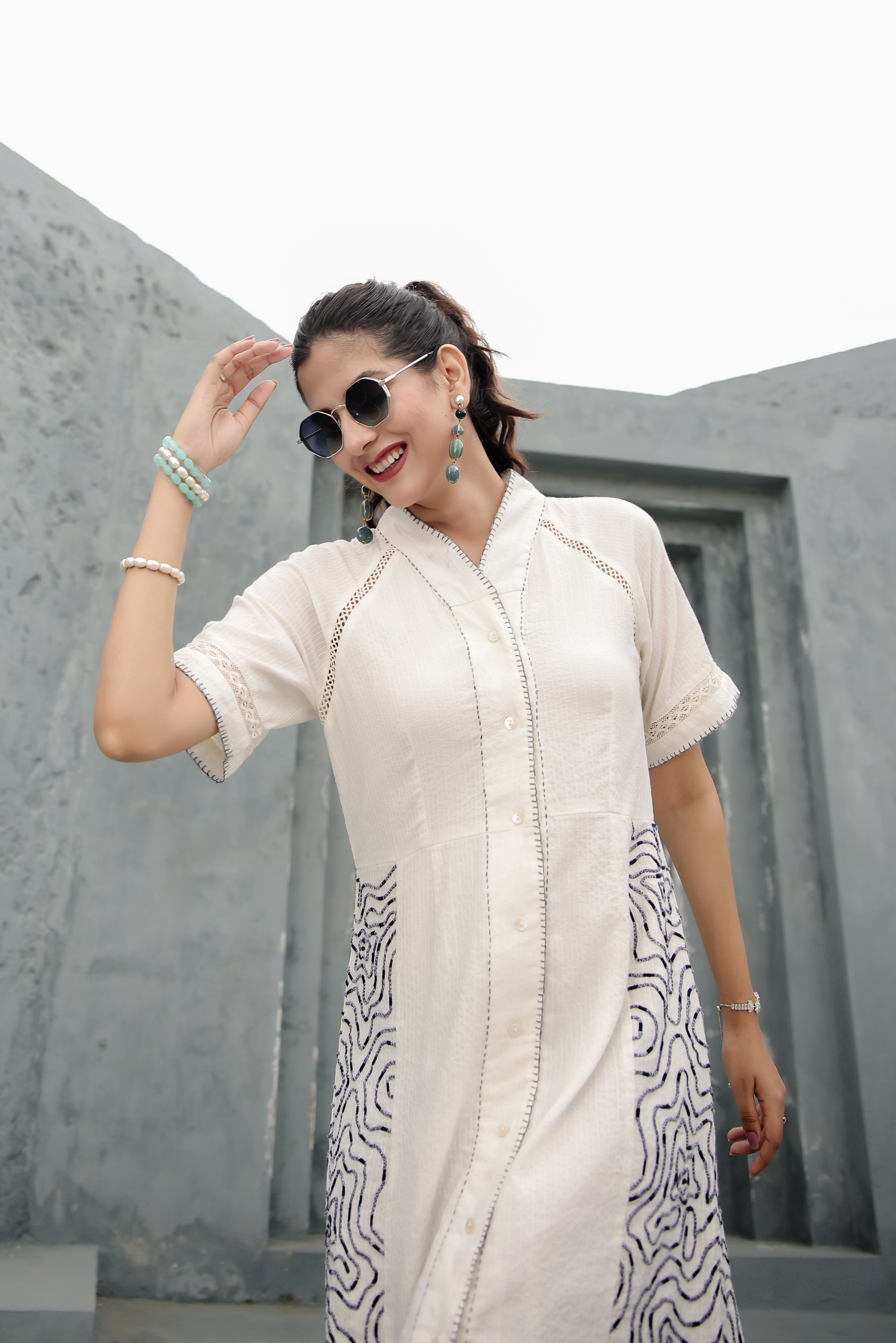 Cotton Linen Off-white Midi Dress