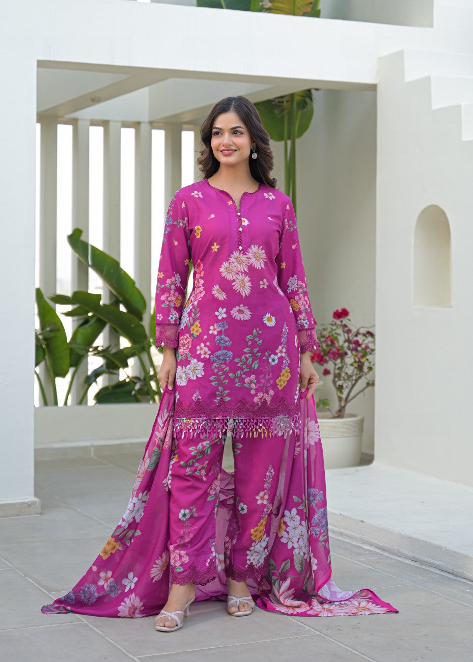 Premium Floral Printed Kurta Palazzo Dupatta Set