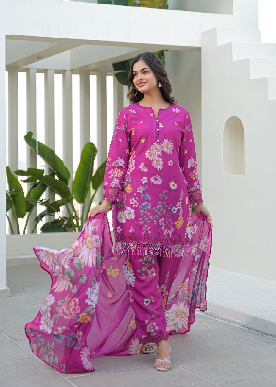 Premium Floral Printed Kurta Palazzo Dupatta Set