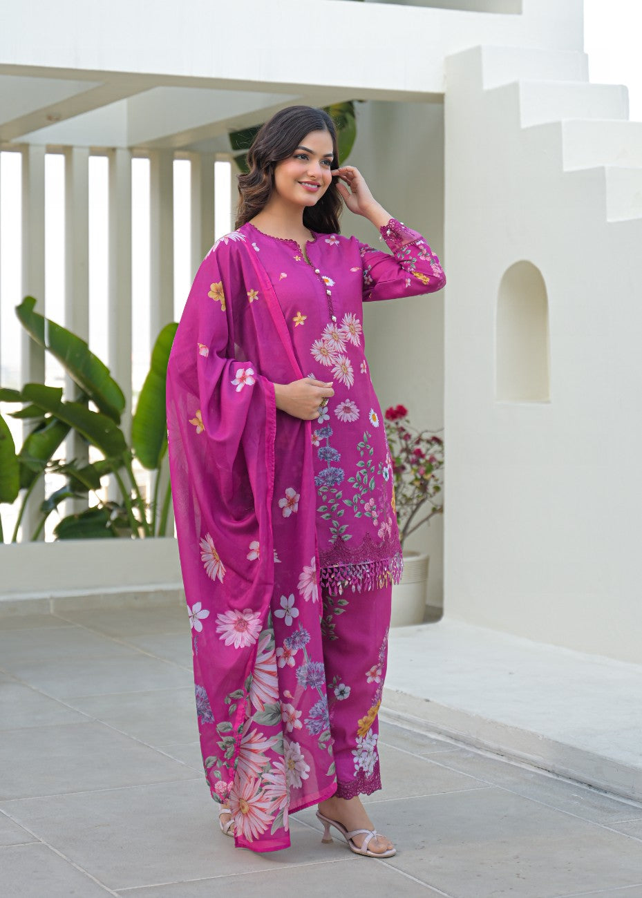 Premium Floral Printed Kurta Palazzo Dupatta Set