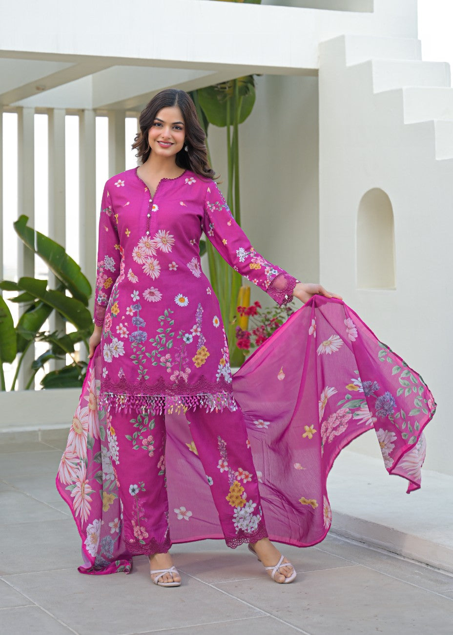 Premium Floral Printed Kurta Palazzo Dupatta Set