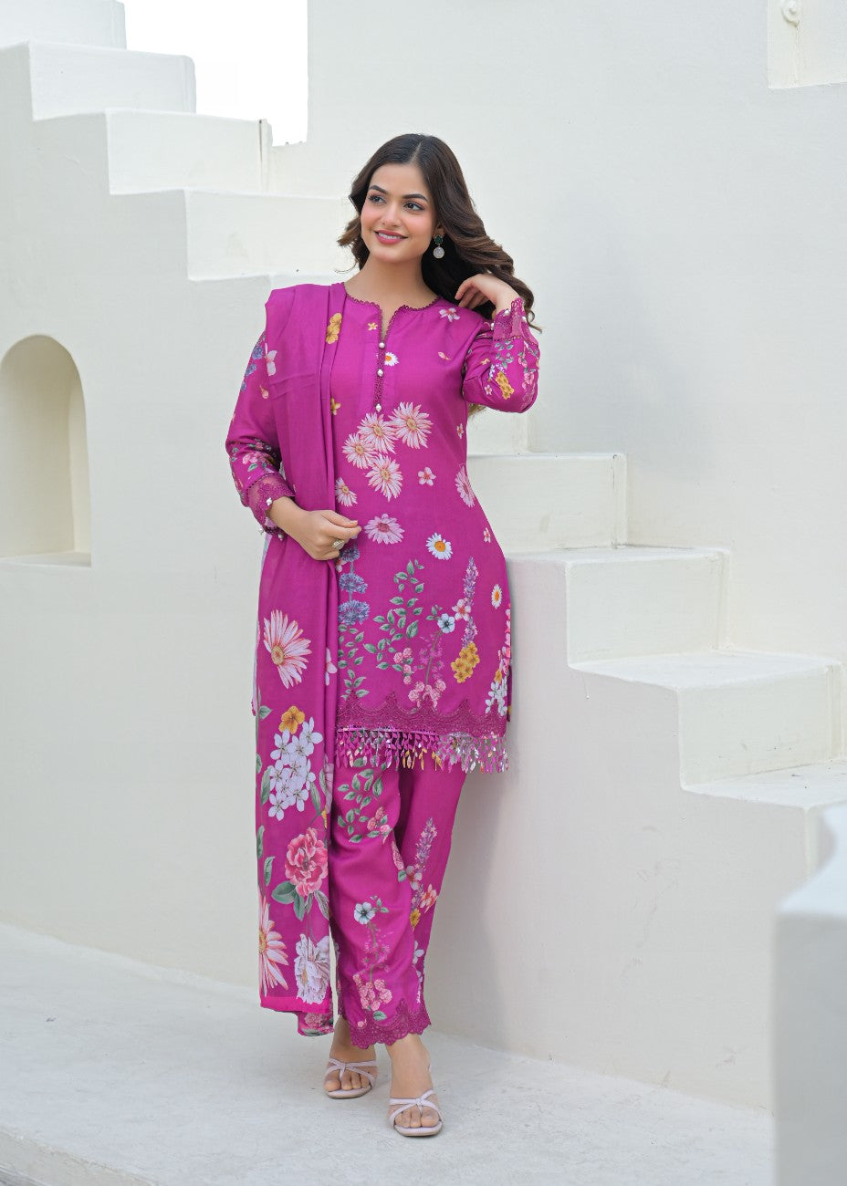 Premium Floral Printed Kurta Palazzo Dupatta Set