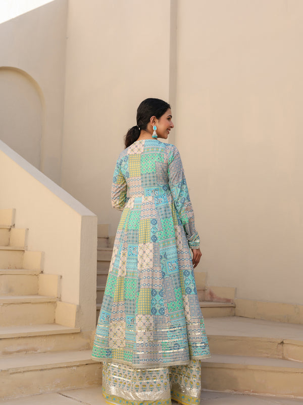 Sea Green Printed Angrakha Suit Set