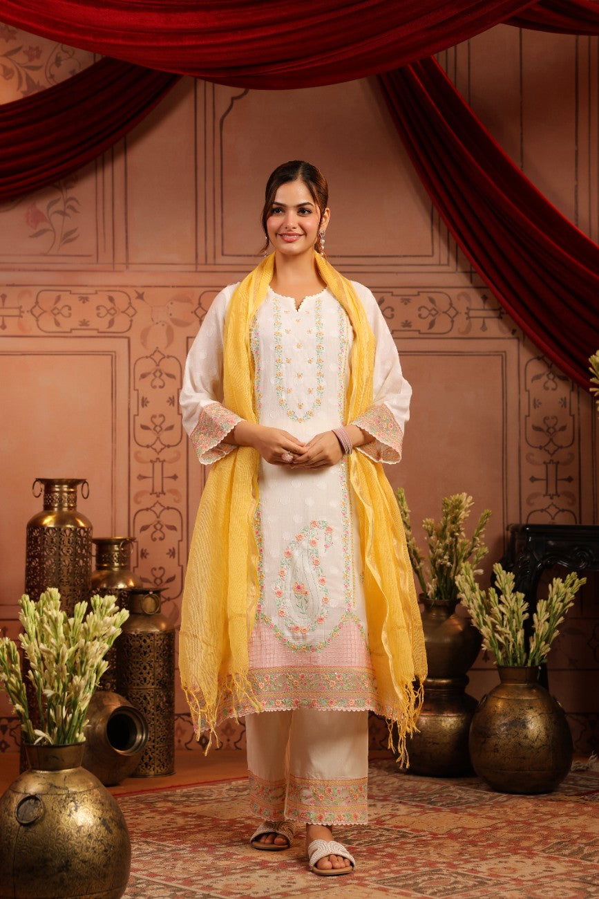Premium White Floral Embroidered Ethnic Suit Set