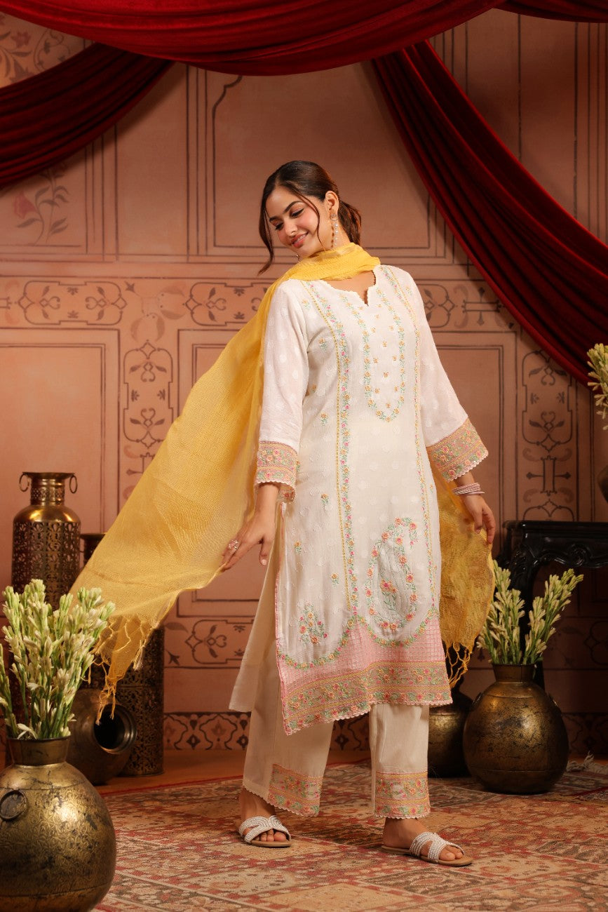 Premium White Floral Embroidered Ethnic Suit Set