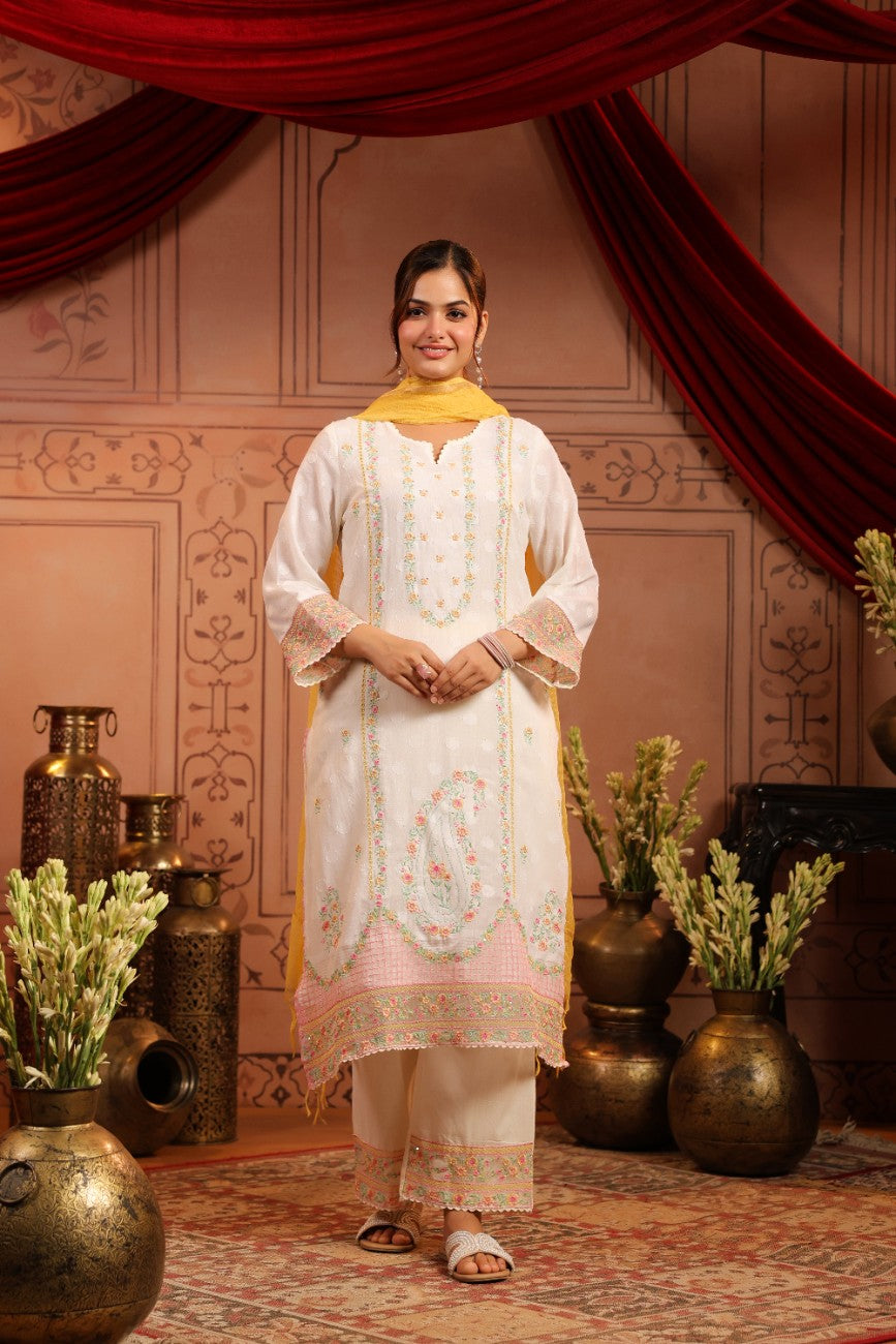 Premium White Floral Embroidered Ethnic Suit Set