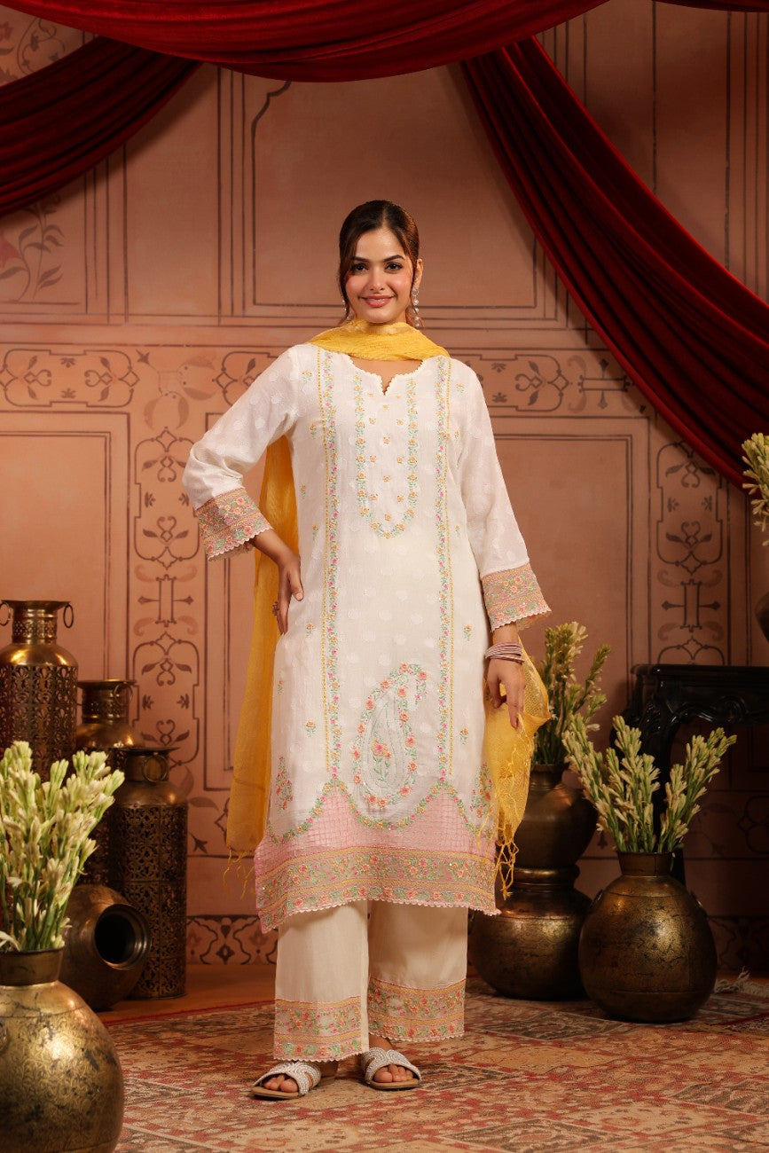 Premium White Floral Embroidered Ethnic Suit Set