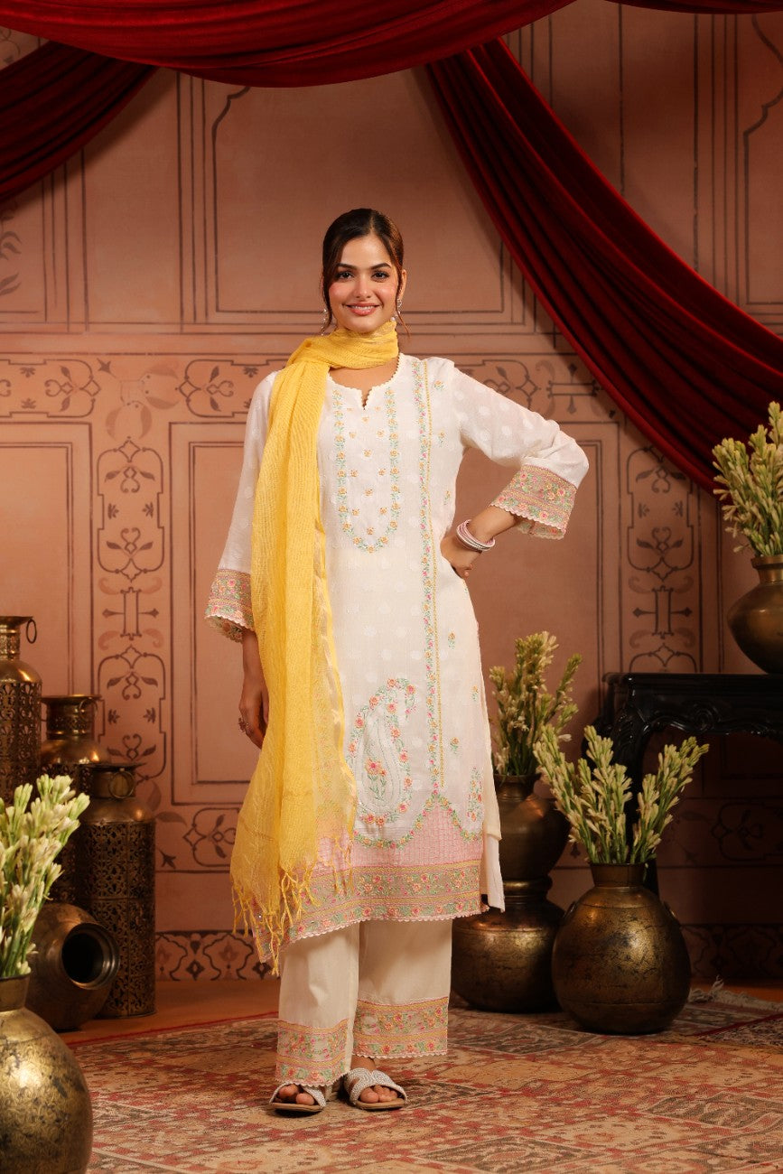 Premium White Floral Embroidered Ethnic Suit Set
