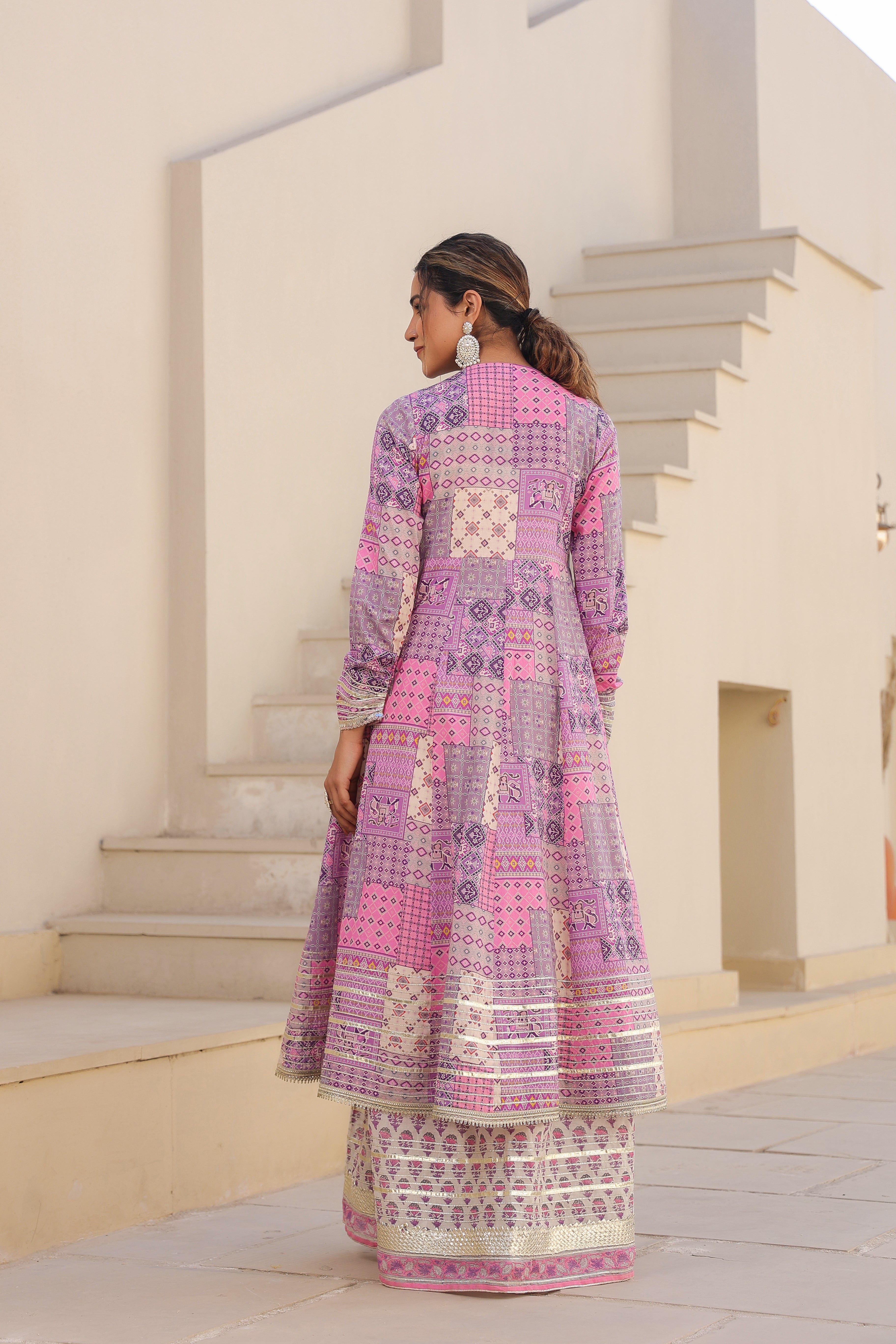 Printed Pink Angrakha Suit Set