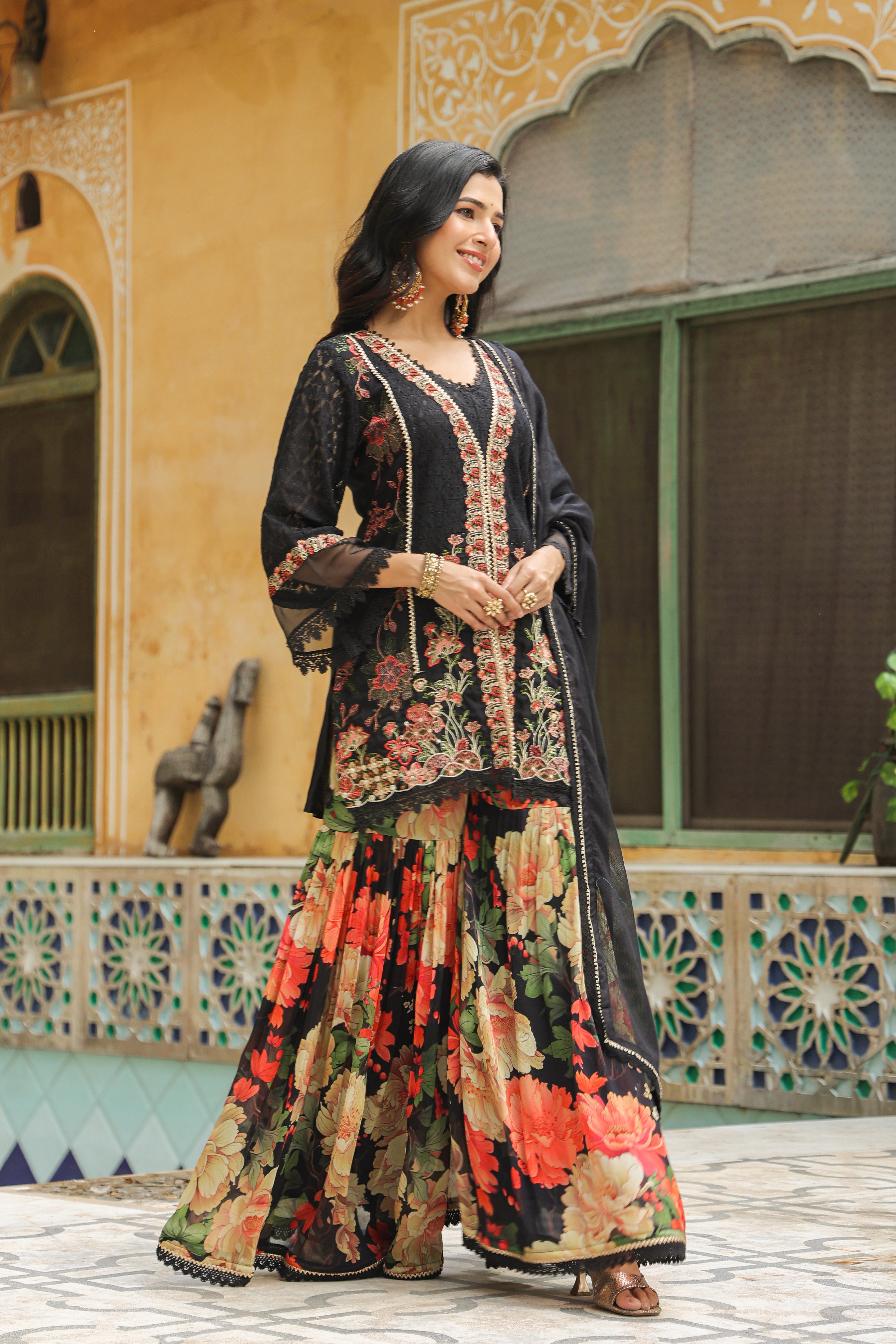 Black Stylish Kurti Design Sharara Set