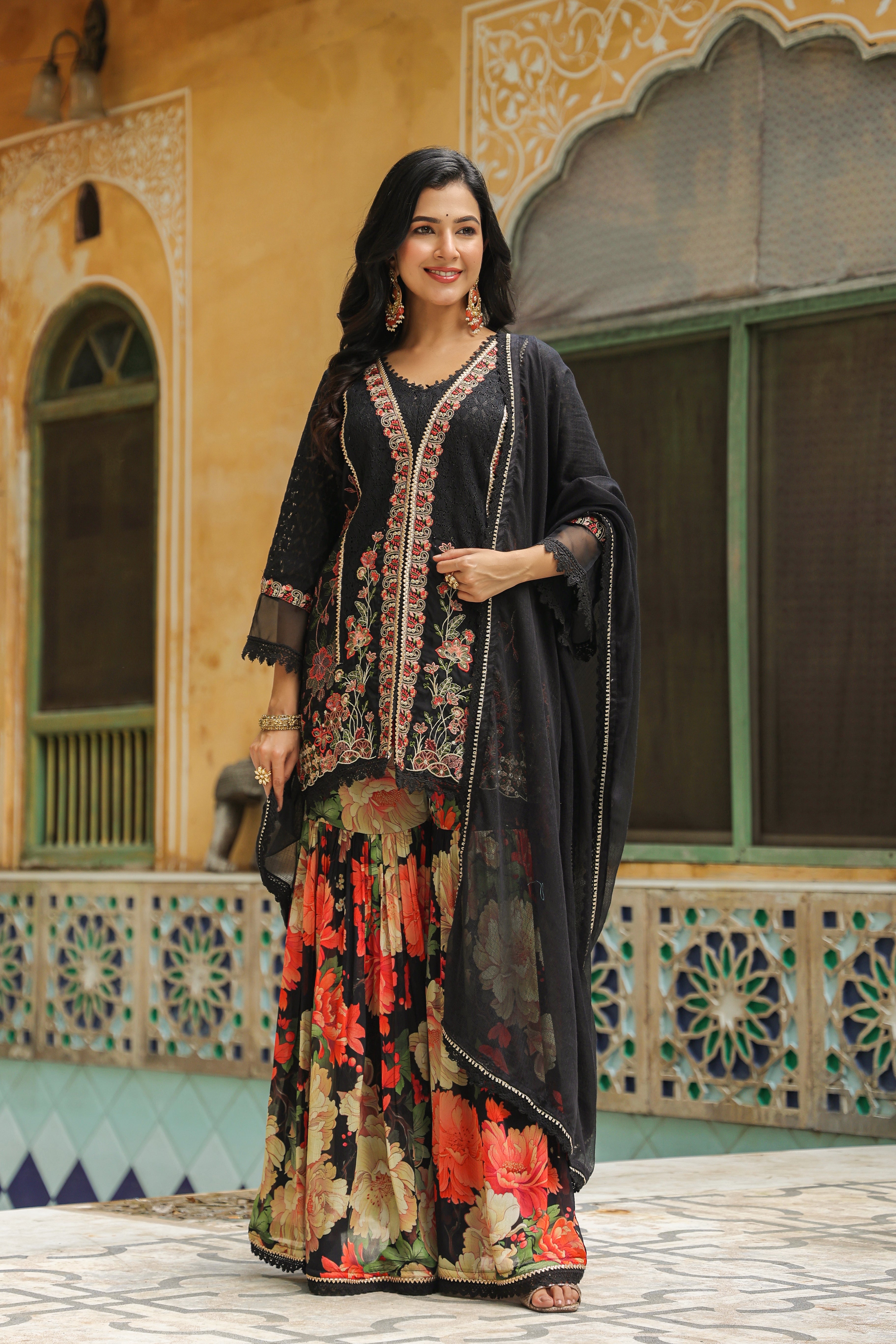 Black Stylish Kurti Design Sharara Set